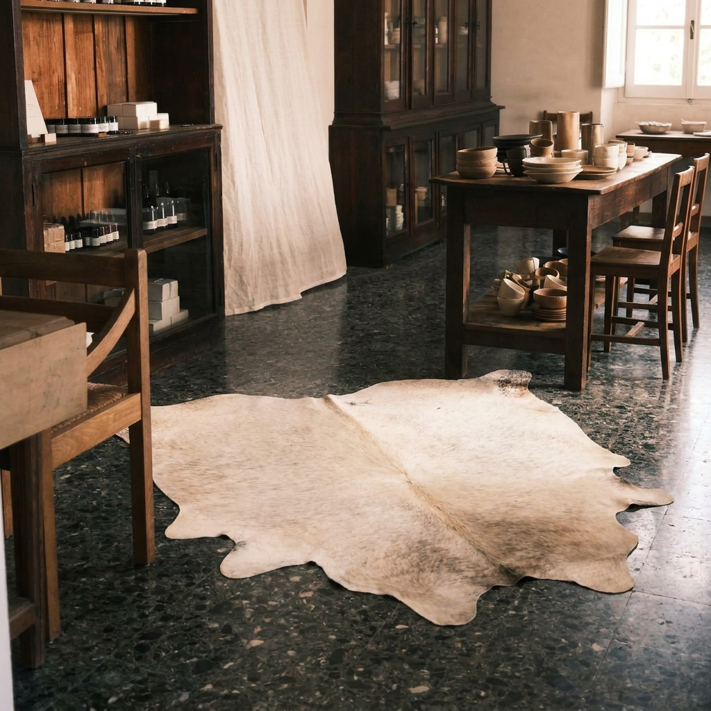 Caramel and ivory exotic printed cowhide rug styled on the floor of an editorial interior