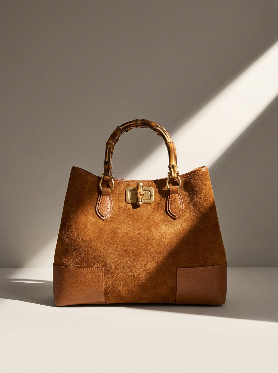 Ginevra Suede Bamboo Tote Bag in Cognac