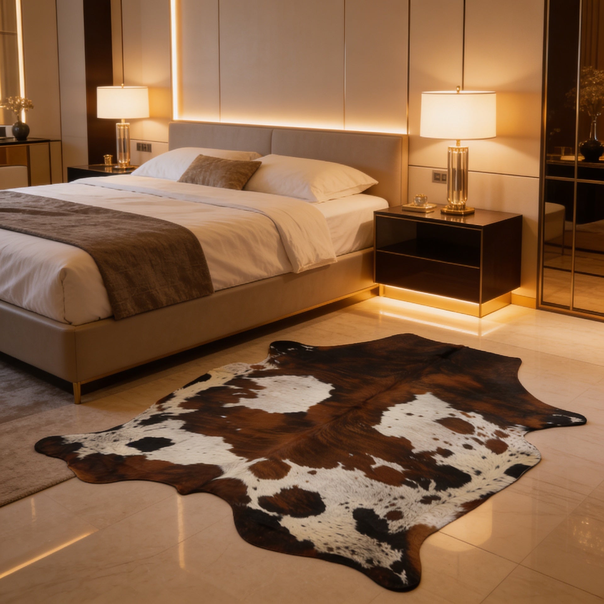 HN-23200 cowhide rug in modern luxury bedroom suite