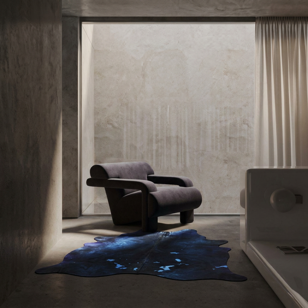 Navy Blue metallic cowhide rug styled on the concrete floor of a moody minimalist industrial lounge