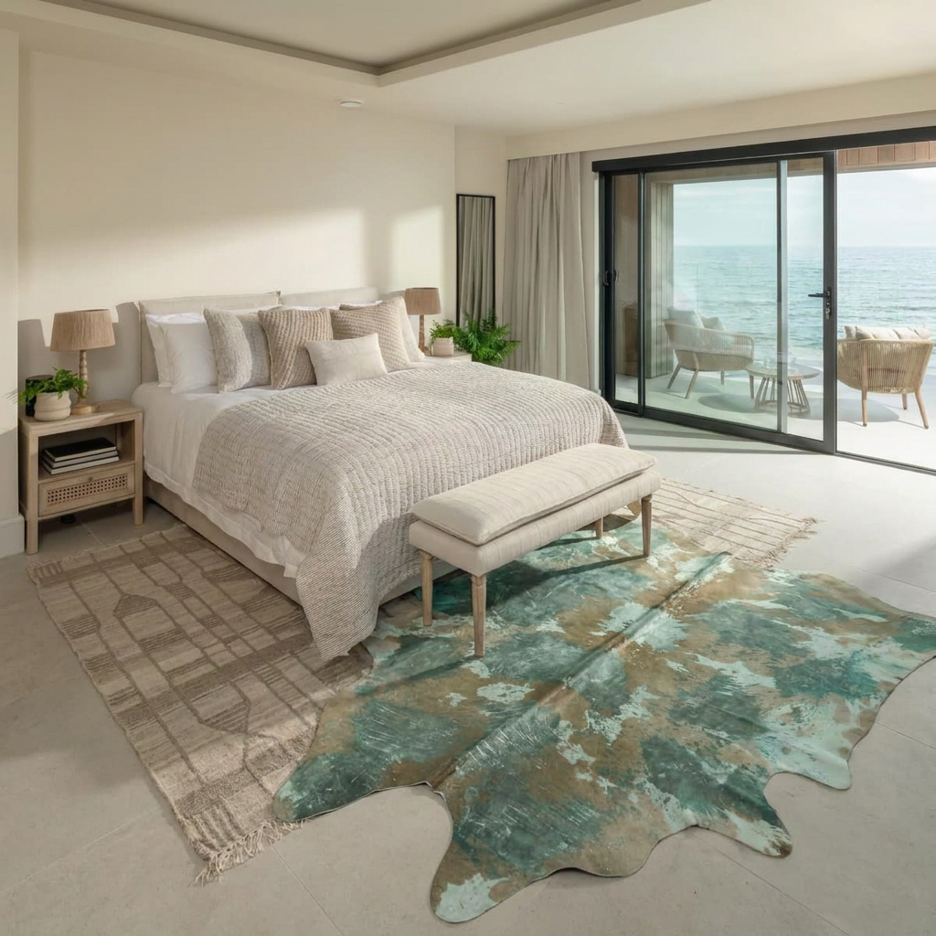 Teal acid wash cowhide rug styled by the terrace doors of a serene coastal bedroom with sea views