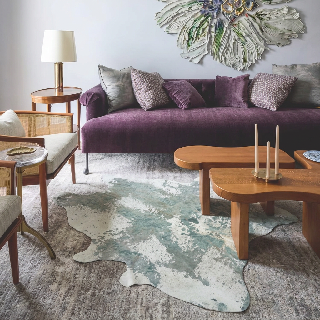Platinum acid wash cowhide rug styled under curved wooden coffee tables in an elegant pale-grey living room