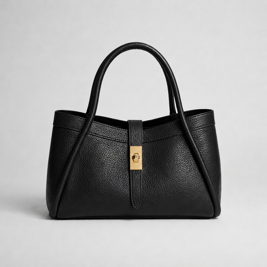 Margot Leather Tote Bag in Black on light grey studio background
