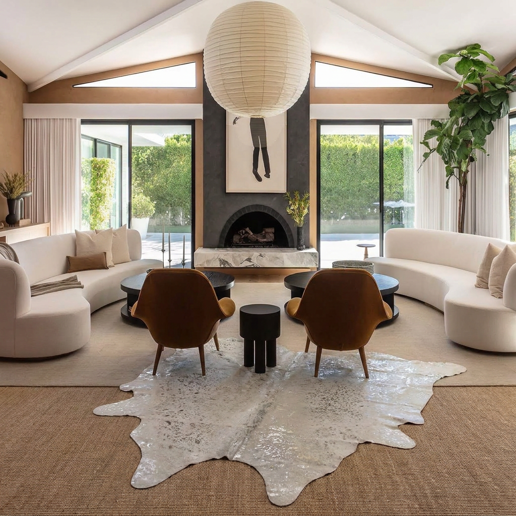 Silver metallic cowhide rug layered over a sisal carpet in a glamorous vaulted living room