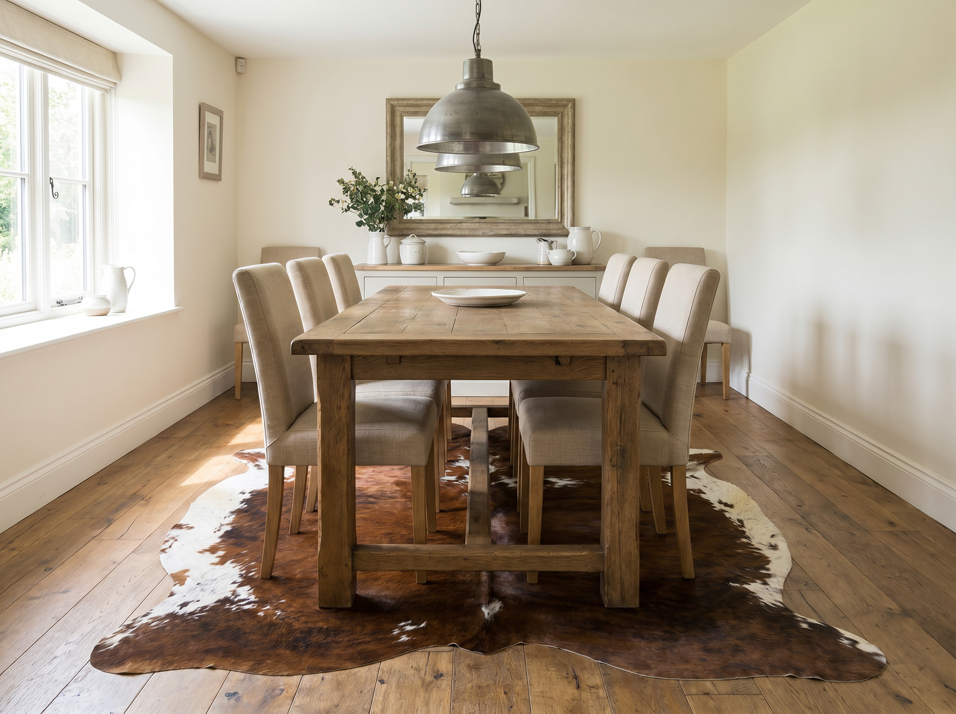 Brindle cowhide rug under dining table in British dining room