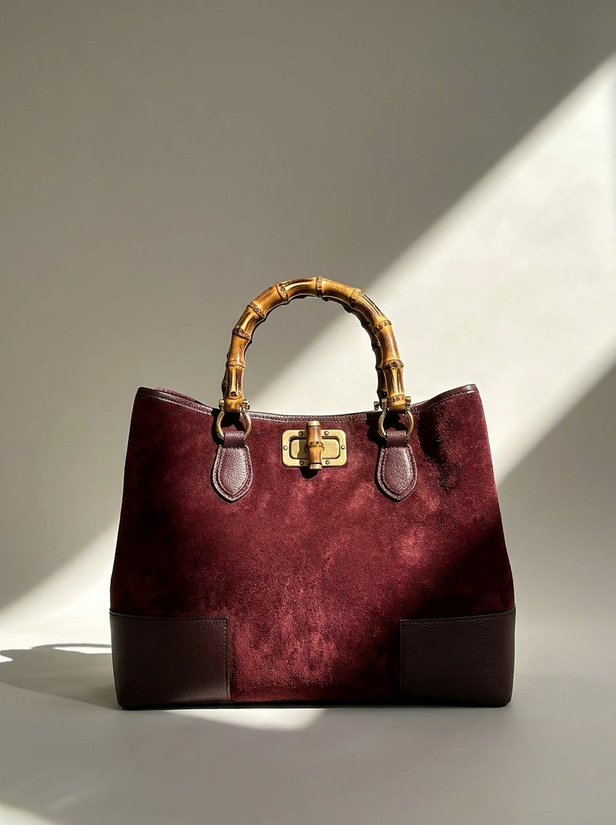 Ginevra Suede Bamboo Tote Bag in Burgundy