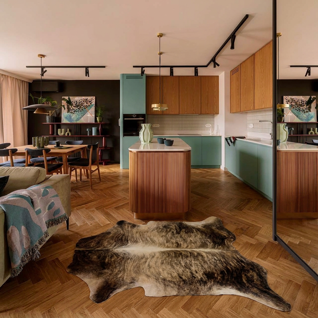 Exotic brindle cowhide rug styled on the herringbone floor of a warm mid-century kitchen and dining room
