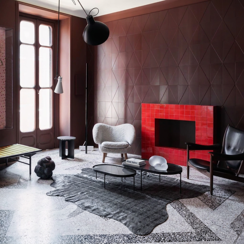 Charcoal snakeskin-embossed cowhide rug styled on the terrazzo floor of a moody luxe oxblood living room