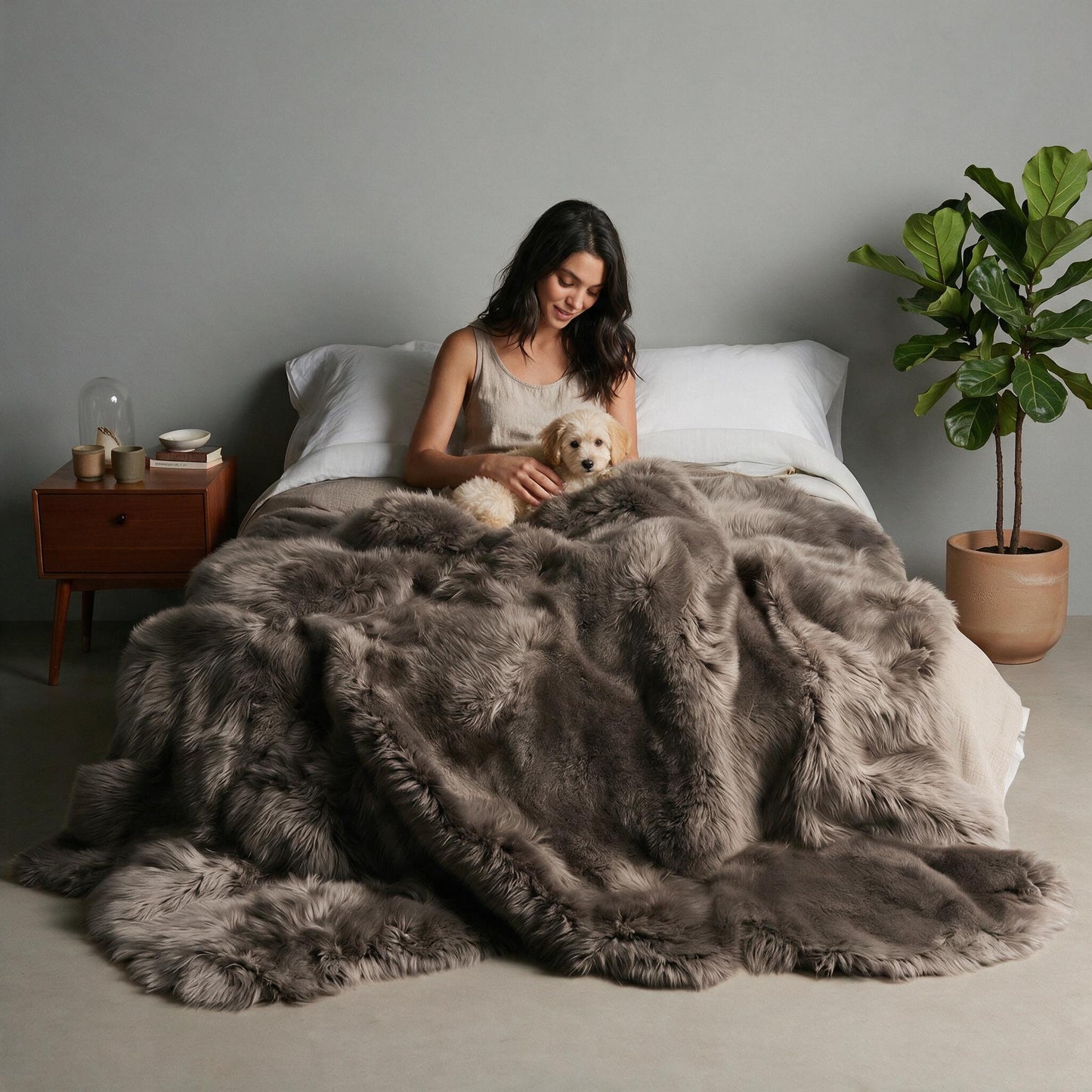 Vole Octo New Zealand sheepskin rug throw styled on a bed, model looking at a small dog in her lap