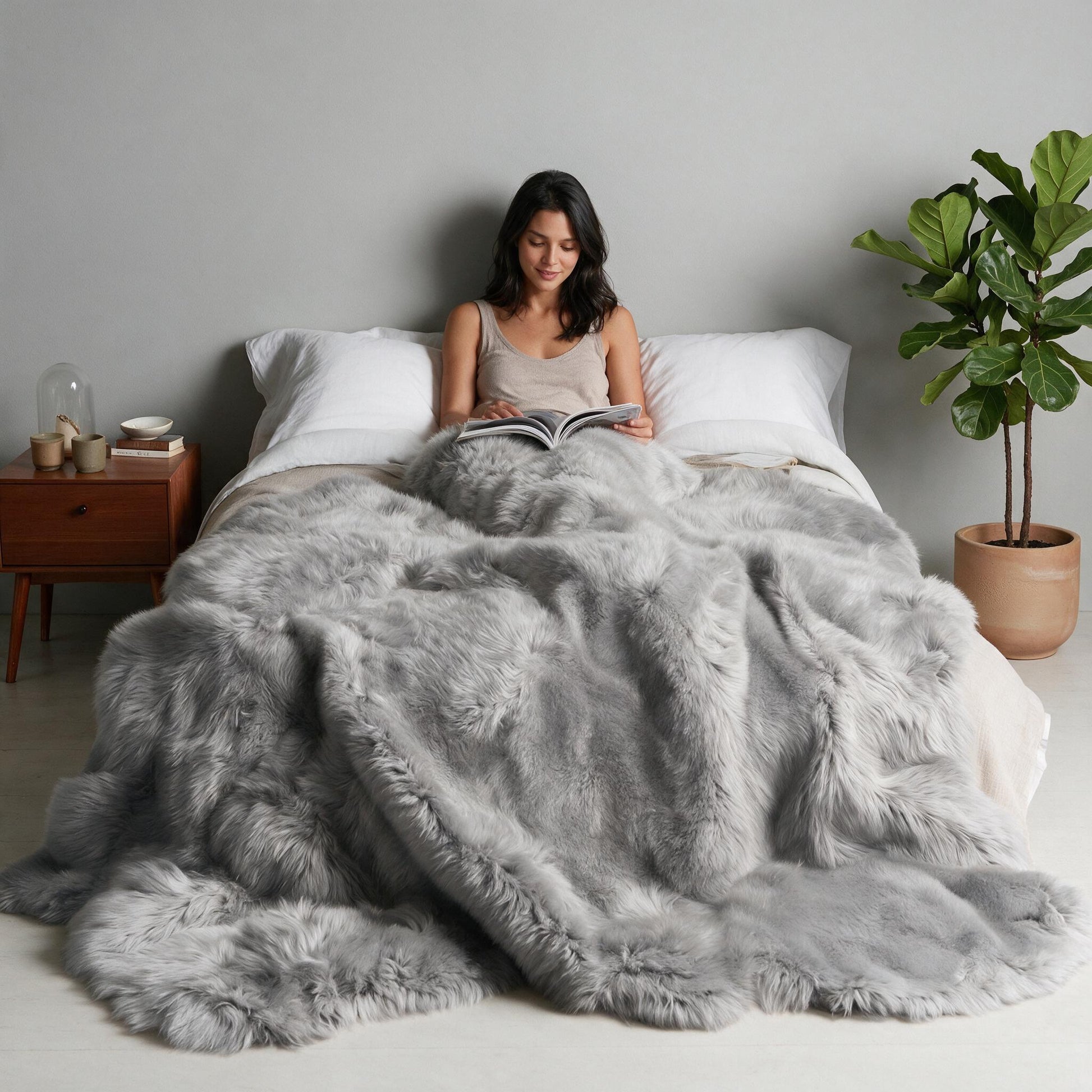 Silver Octo New Zealand sheepskin rug throw styled on a bed, model reading a magazine on the headboard