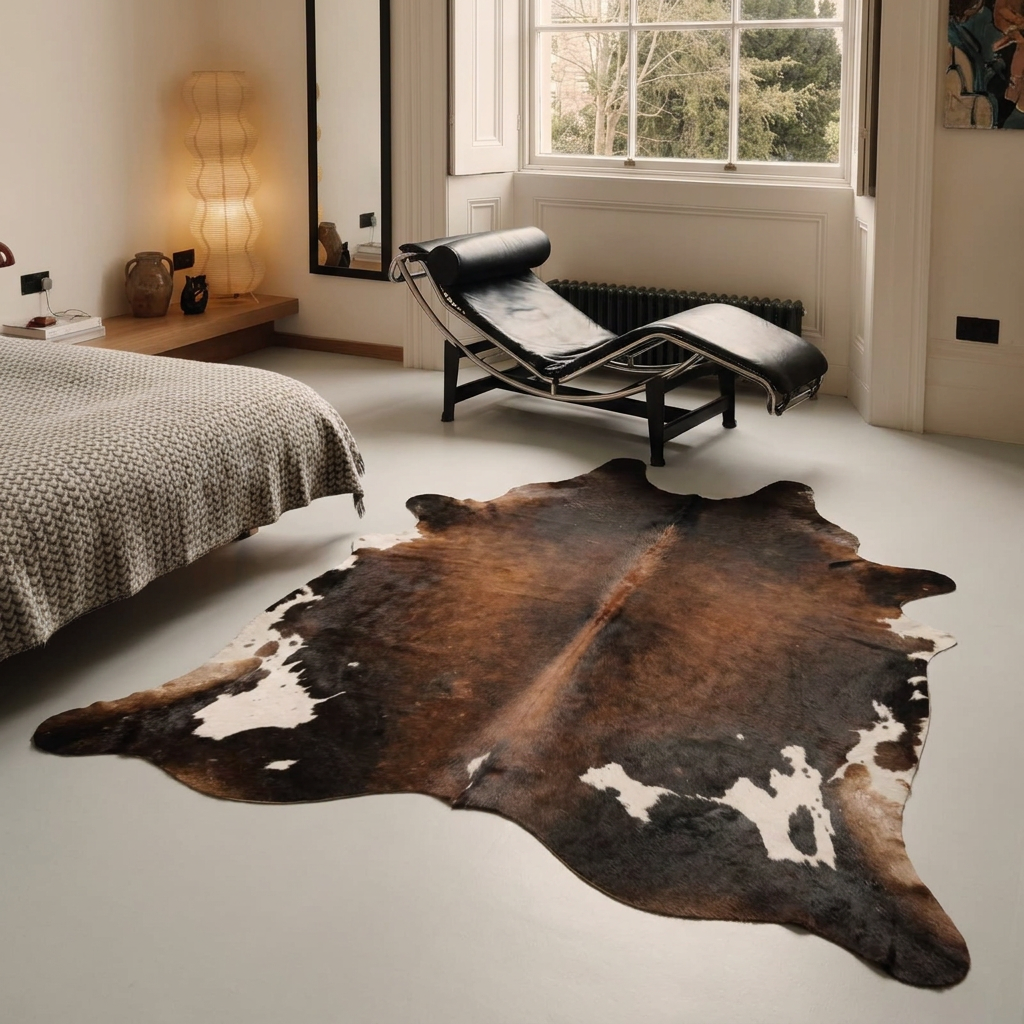 Caramel and ivory exotic printed cowhide rug styled on the floor of an editorial interior