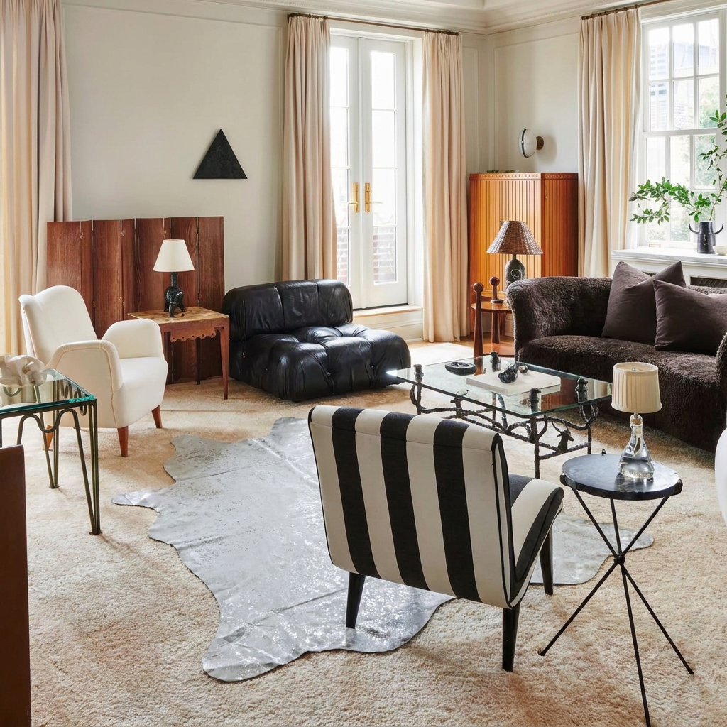 Silver on off-white metallic cowhide rug styled on the floor of an elegant monochrome prewar living room