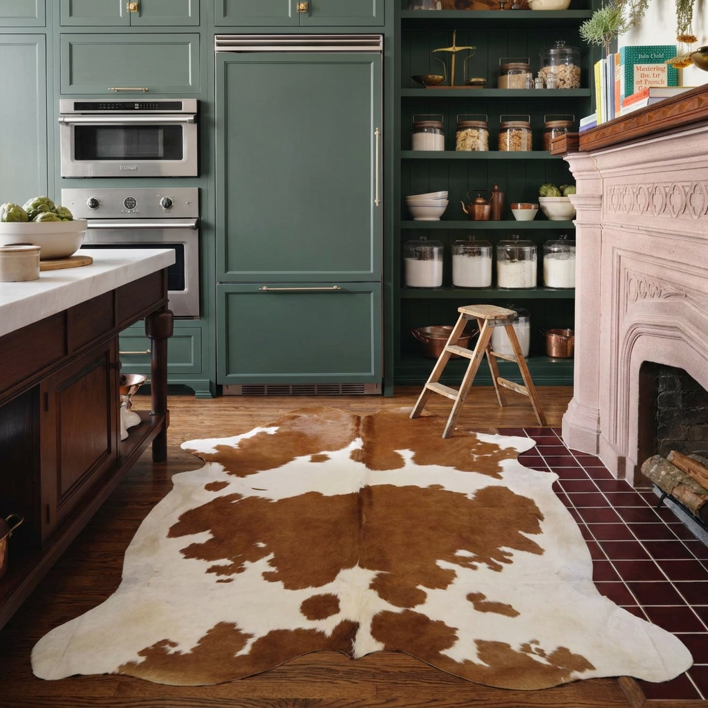 Brown and white natural cowhide rug styled on the floor of a warm rustic-modern green kitchen