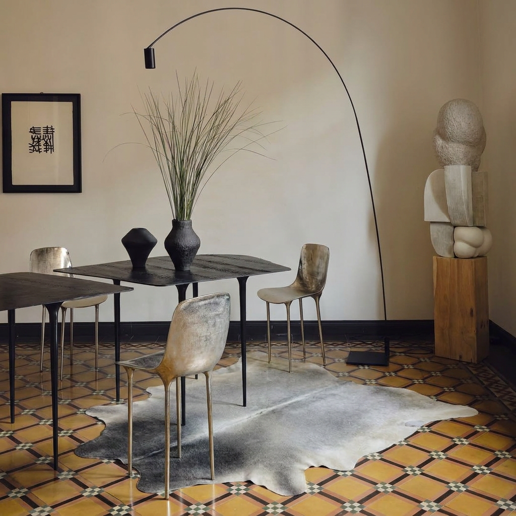 Grey cowhide rug styled on the encaustic tile floor of a minimalist dining room