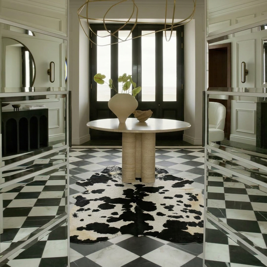 Black and white cowhide rug styled on the checkerboard marble floor of a monochrome mirrored entrance hall