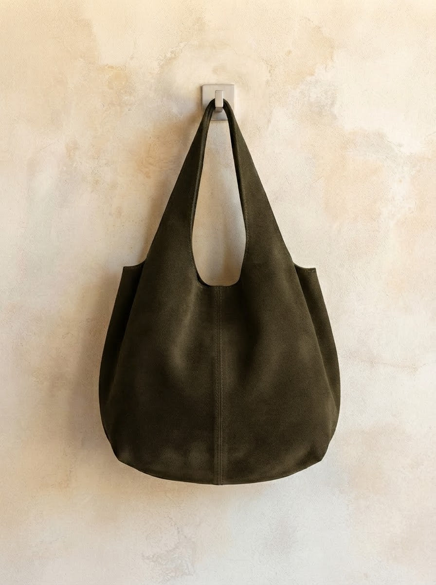 Giannina suede leather shoulder tote by Clemés in Dark Olive, hanging main product shot