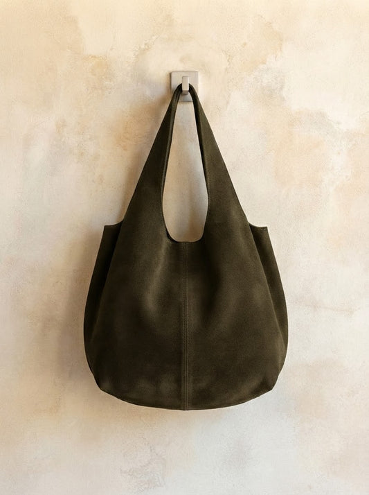 Giannina suede leather shoulder tote by Clemés in Dark Olive, hanging main product shot