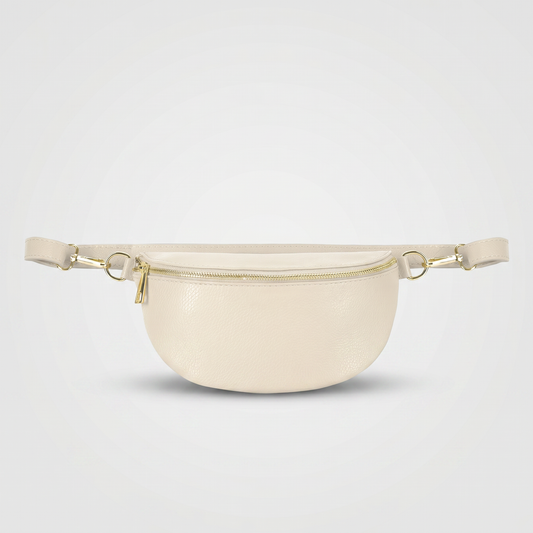 Romy leather crossbody bum bag in Ivory on light grey studio background