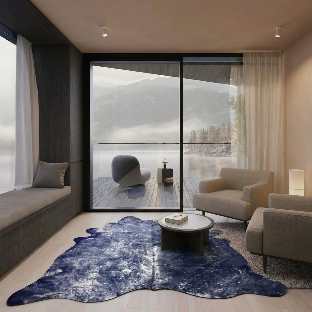 Indigo metallic cowhide rug styled on the pale wood floor of a modern minimalist lakeside lounge
