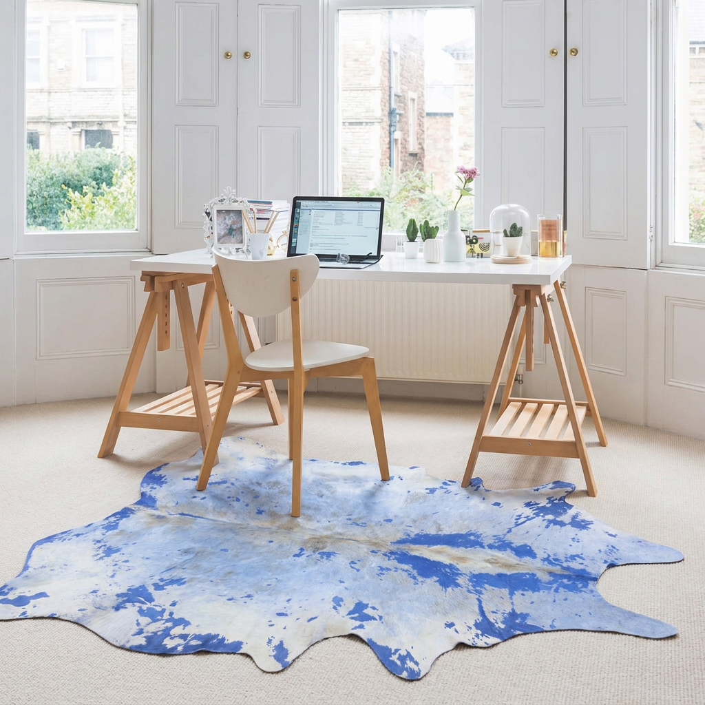 Blue acid wash cowhide rug styled in front of a trestle desk in a bright Scandinavian home office