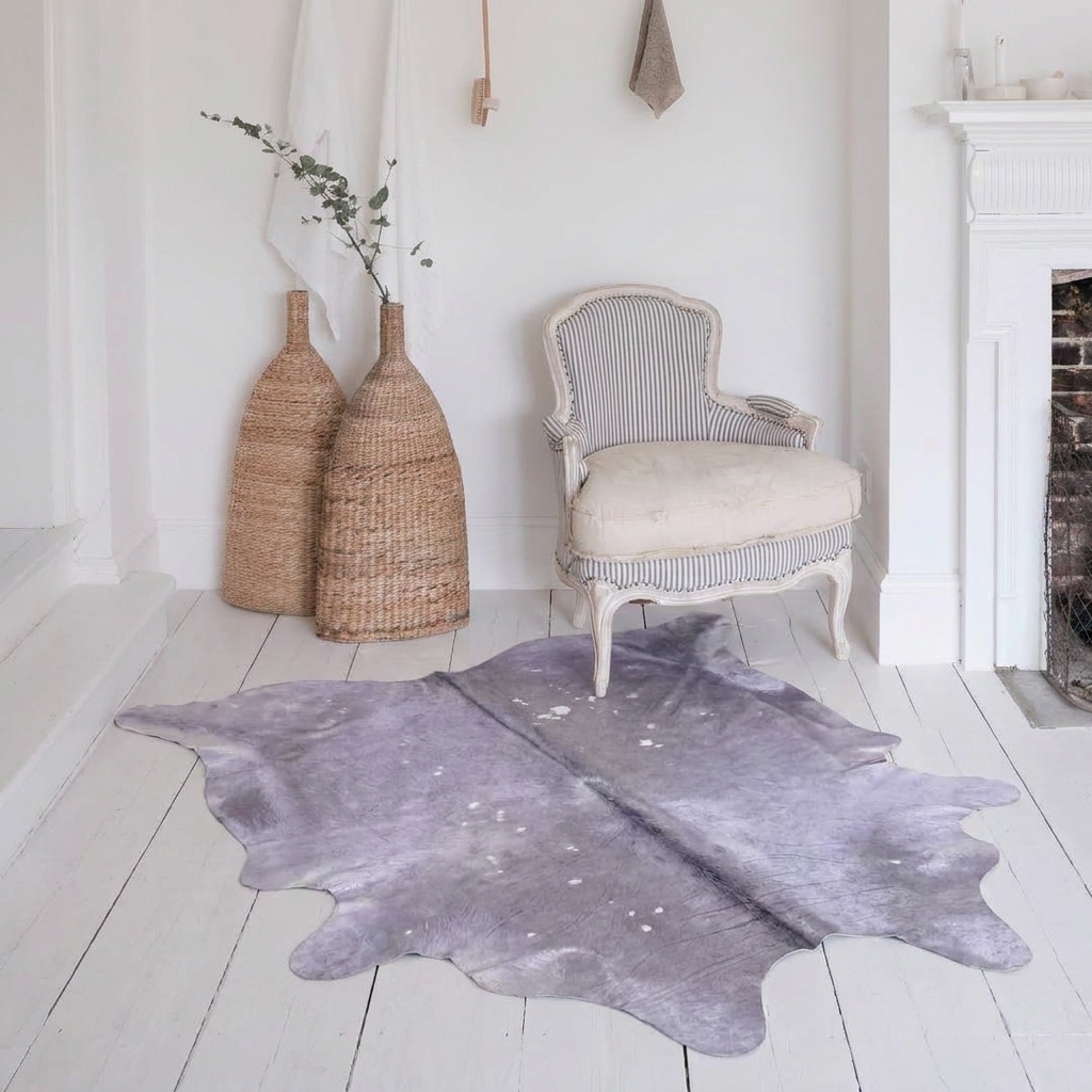 Lilac metallic cowhide rug styled on white painted floorboards in a soft romantic all-white sitting room