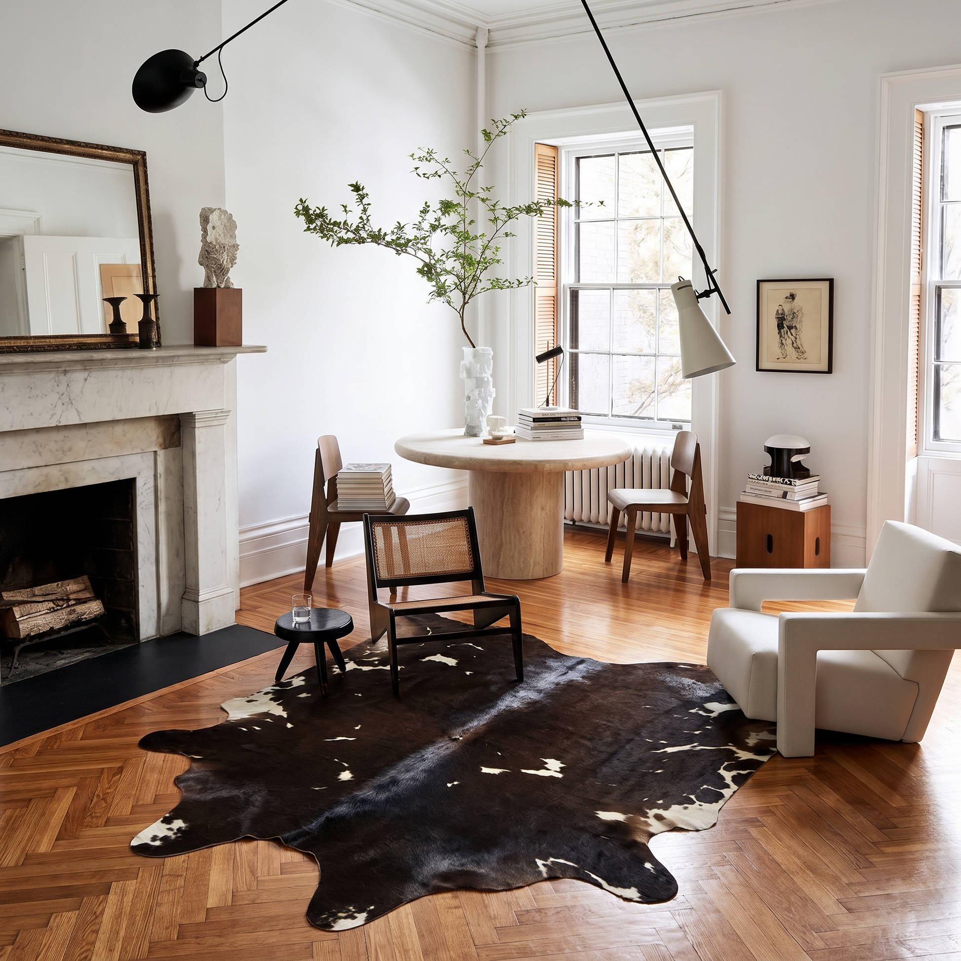 Black and white cowhide rug styled on the floor of a warm editorial dining nook