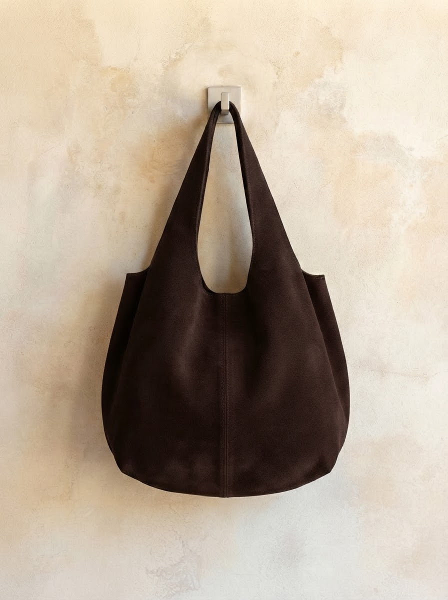 Giannina suede leather shoulder tote by Clemés in Dark Chocolate, hanging main product shot