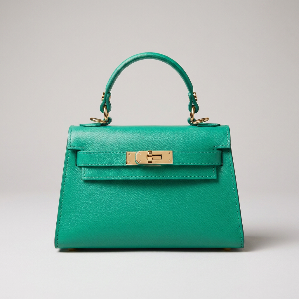 Turquoise Mini Kelly leather handbag, grey studio