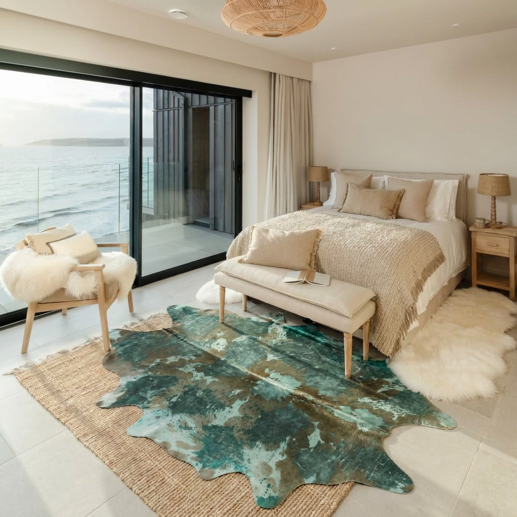 Teal acid wash cowhide rug styled over a jute rug in a coastal bedroom with sea views