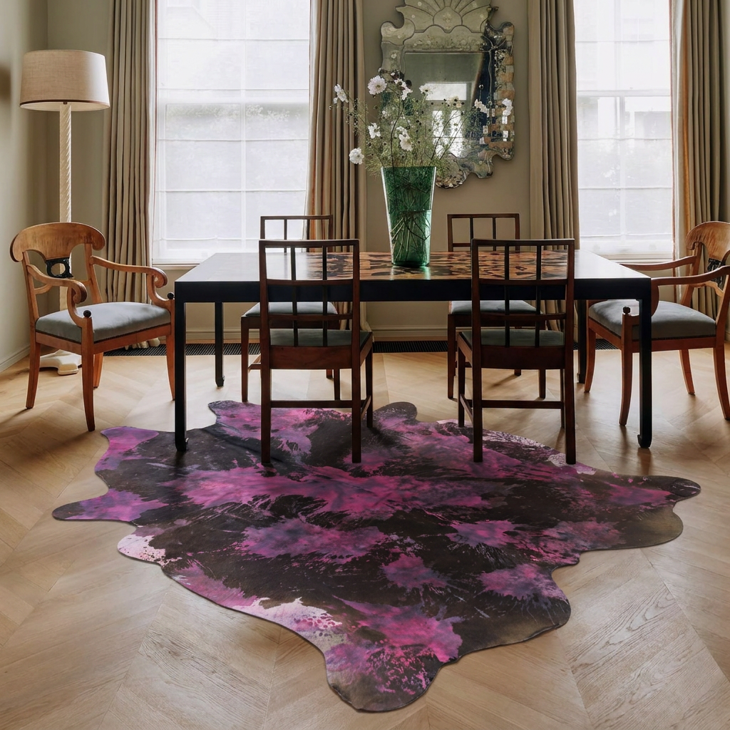 Magenta tie-dye cowhide rug styled on the parquet floor of a calm neutral dining room
