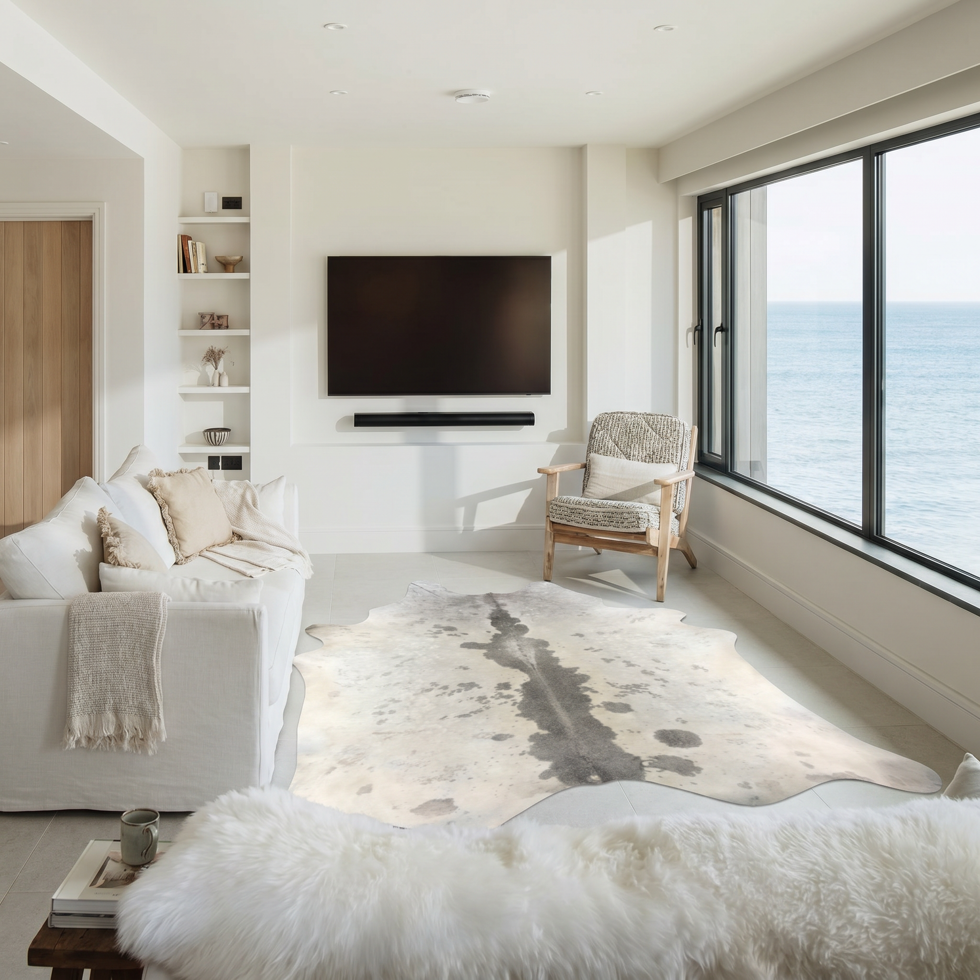 Ivory cowhide rug with grey dorsal stripe styled on the floor of a bright coastal living room