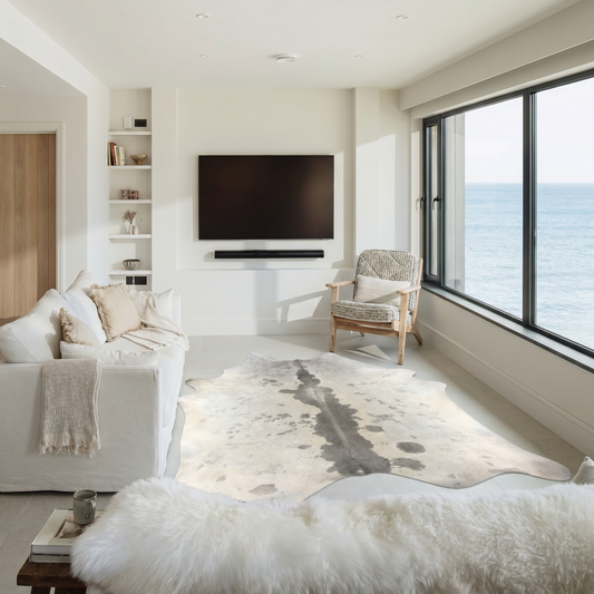 Ivory cowhide rug with grey dorsal stripe styled on the floor of a bright coastal living room
