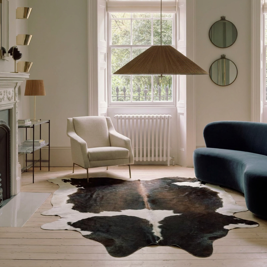 Natural cowhide rug styled on the floor of an editorial interior room