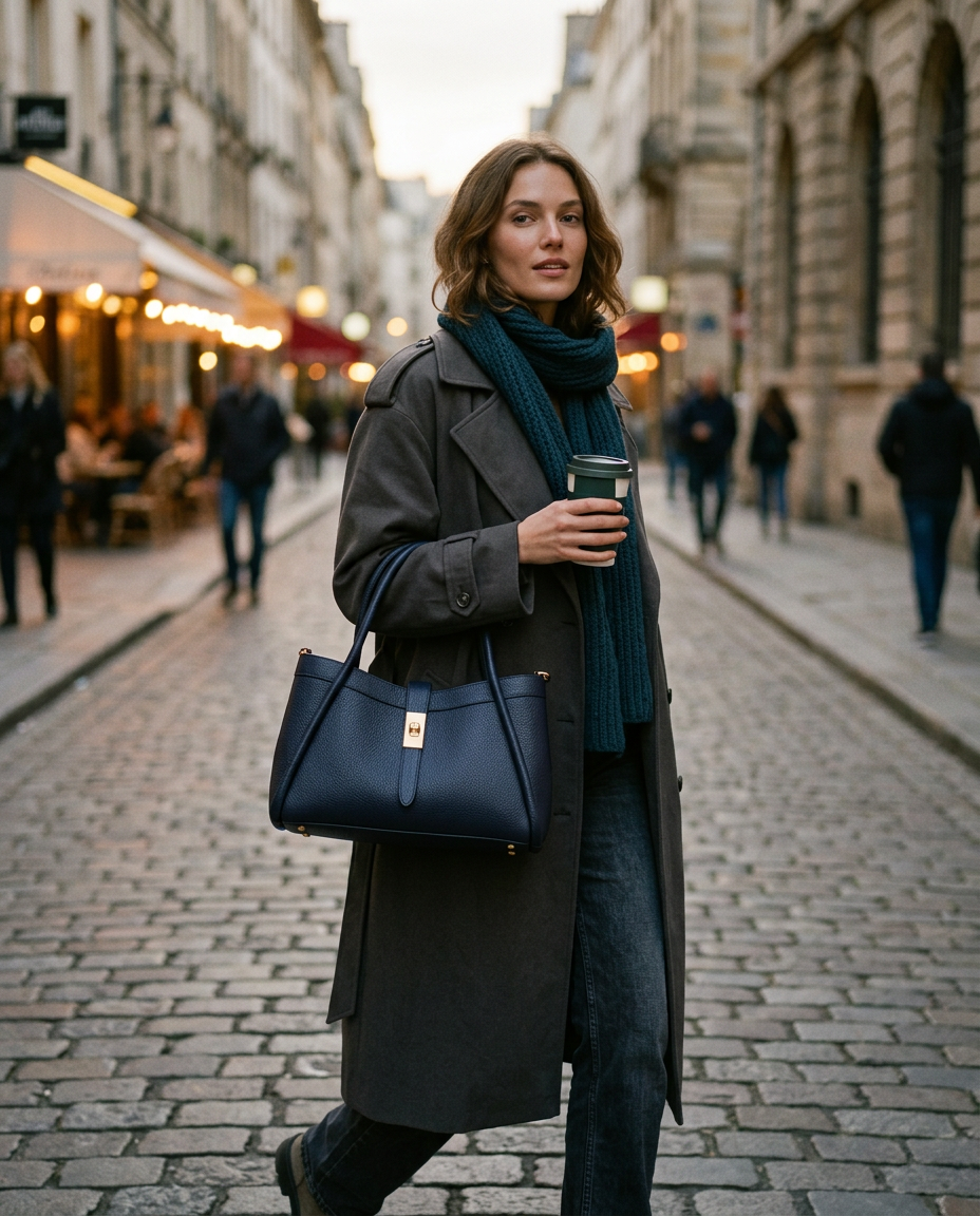 Bianca Leather Tote in Navy — evening city street, lifestyle