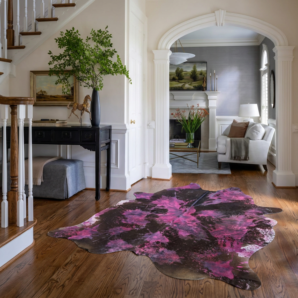 Magenta tie-dye cowhide rug styled on the oak floor of an elegant neutral entryway