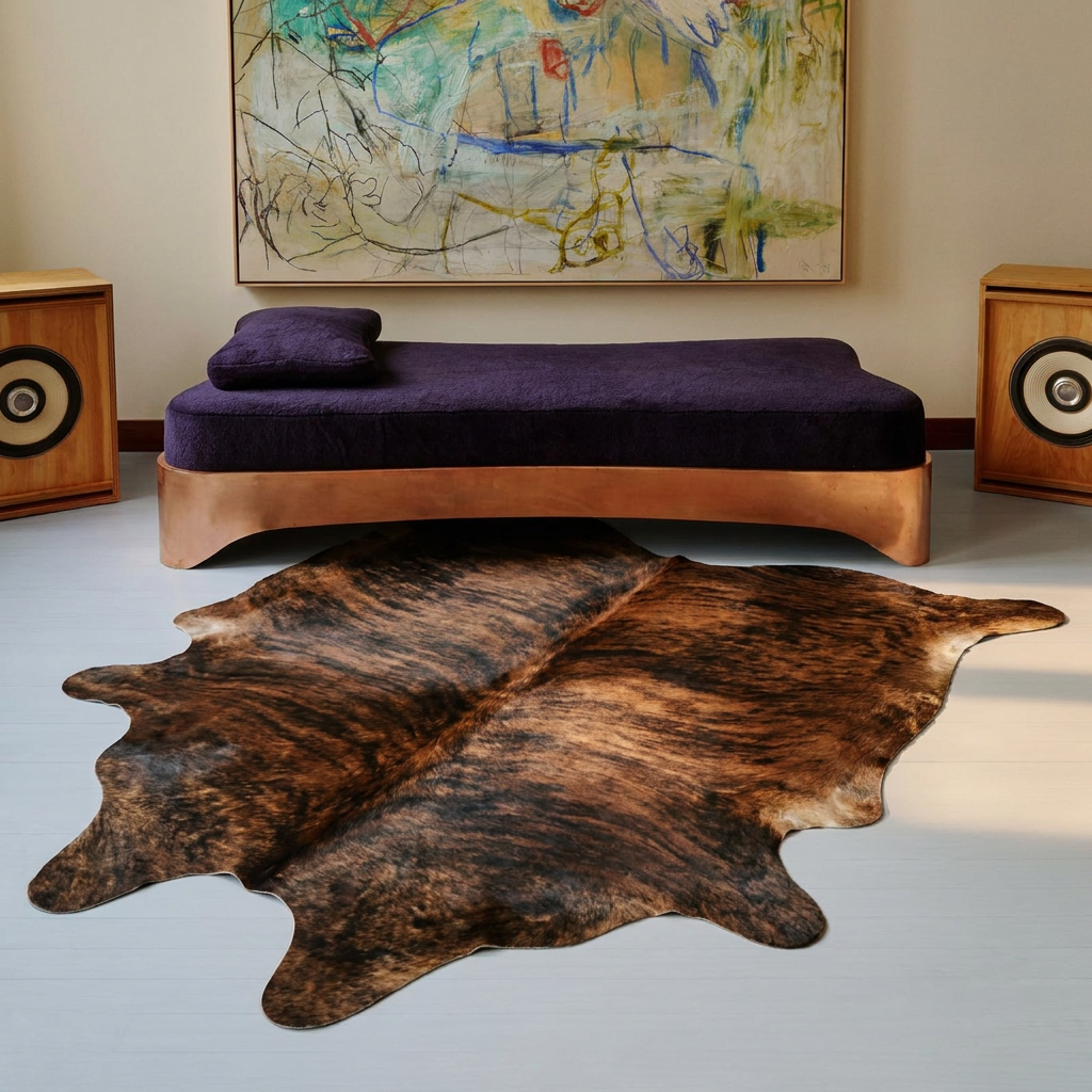 Dark brindle cowhide rug styled on the floor of an editorial interior
