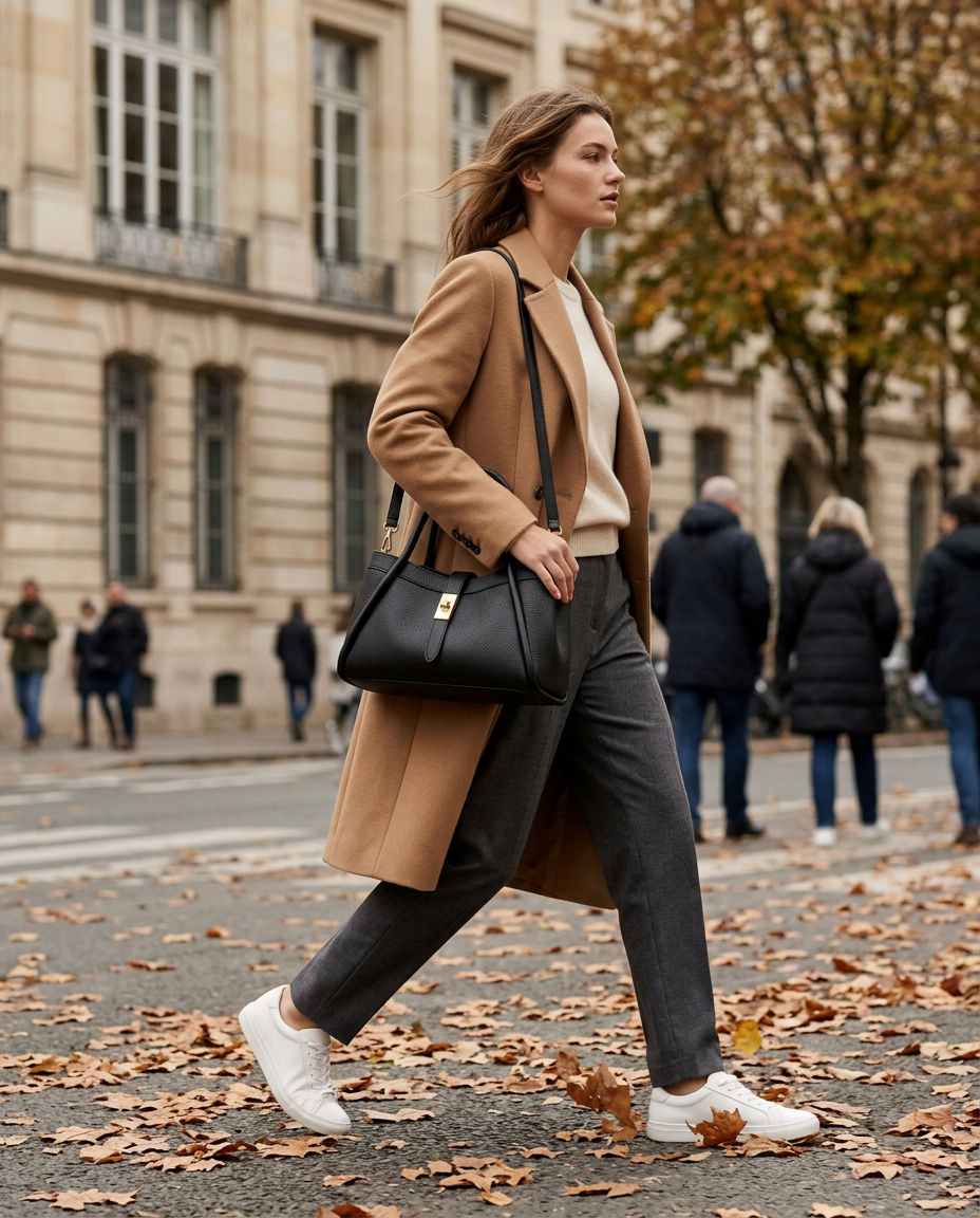 Bianca Leather Tote in Black — autumn street, lifestyle