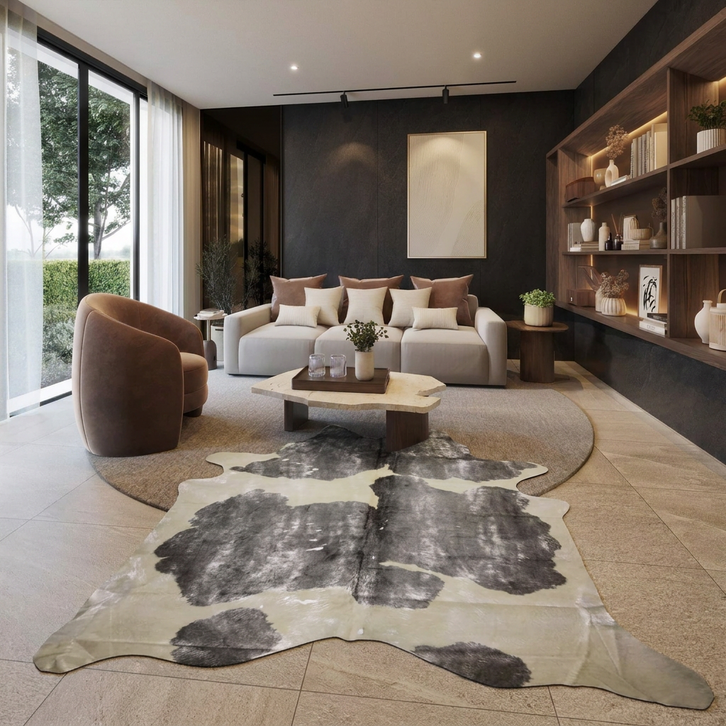 Silver brushed grey and white metallic cowhide rug styled on the stone-tiled floor of a contemporary monochrome living room