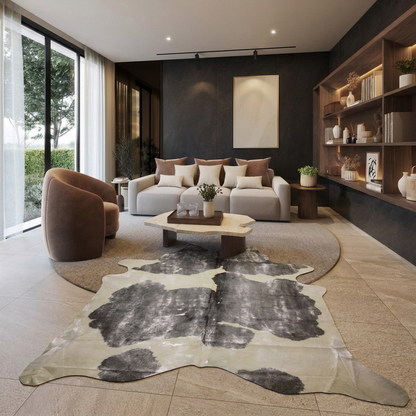 Silver brushed grey and white metallic cowhide rug styled on the stone-tiled floor of a contemporary monochrome living room