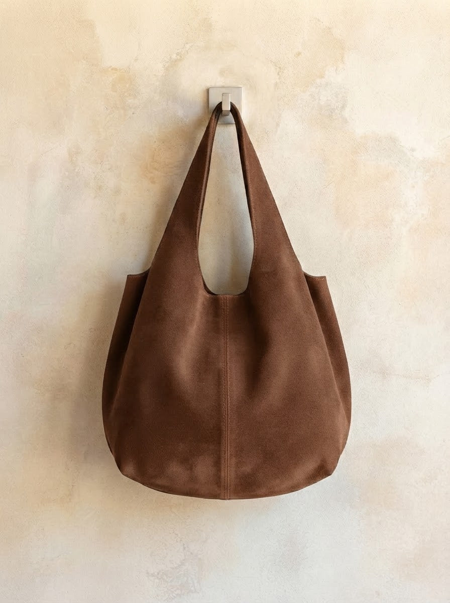 Giannina suede leather shoulder tote by Clemés in Chocolate, hanging main product shot