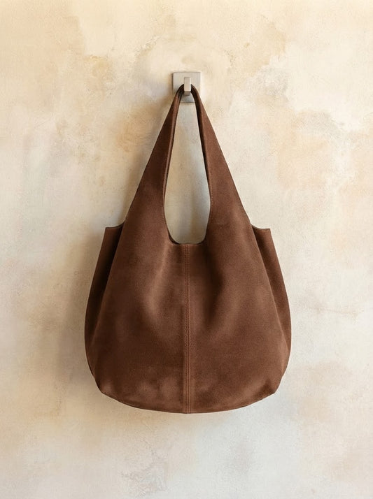 Giannina suede leather shoulder tote by Clemés in Chocolate, hanging main product shot