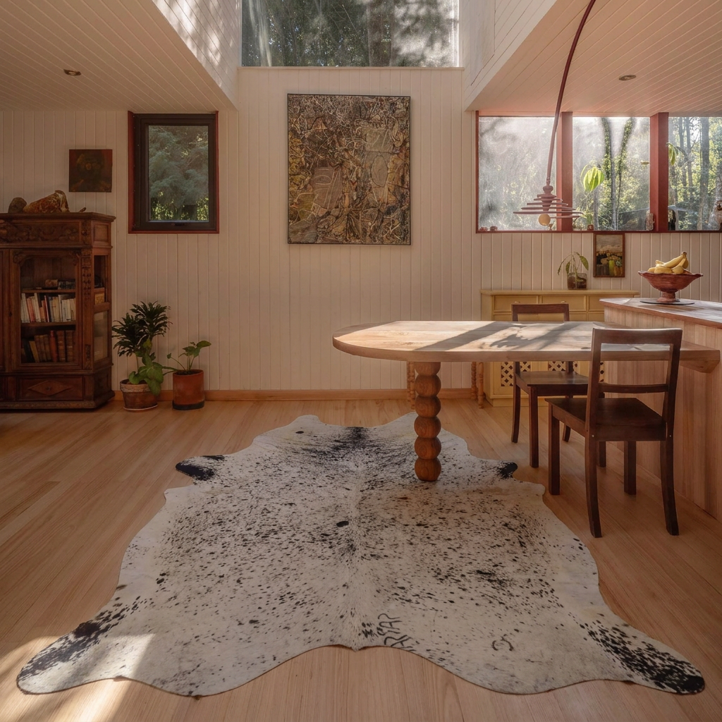 Brown and white speckled cowhide rug styled on the pale timber floor of a bright dining room