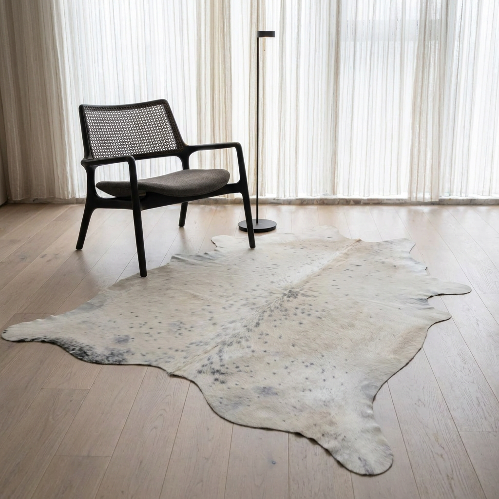 Caramel and ivory exotic printed cowhide rug styled on the floor of an editorial interior
