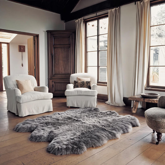 Grey Sexto 6-pelt sheepskin rug on a wooden floor in a living room with cream armchairs