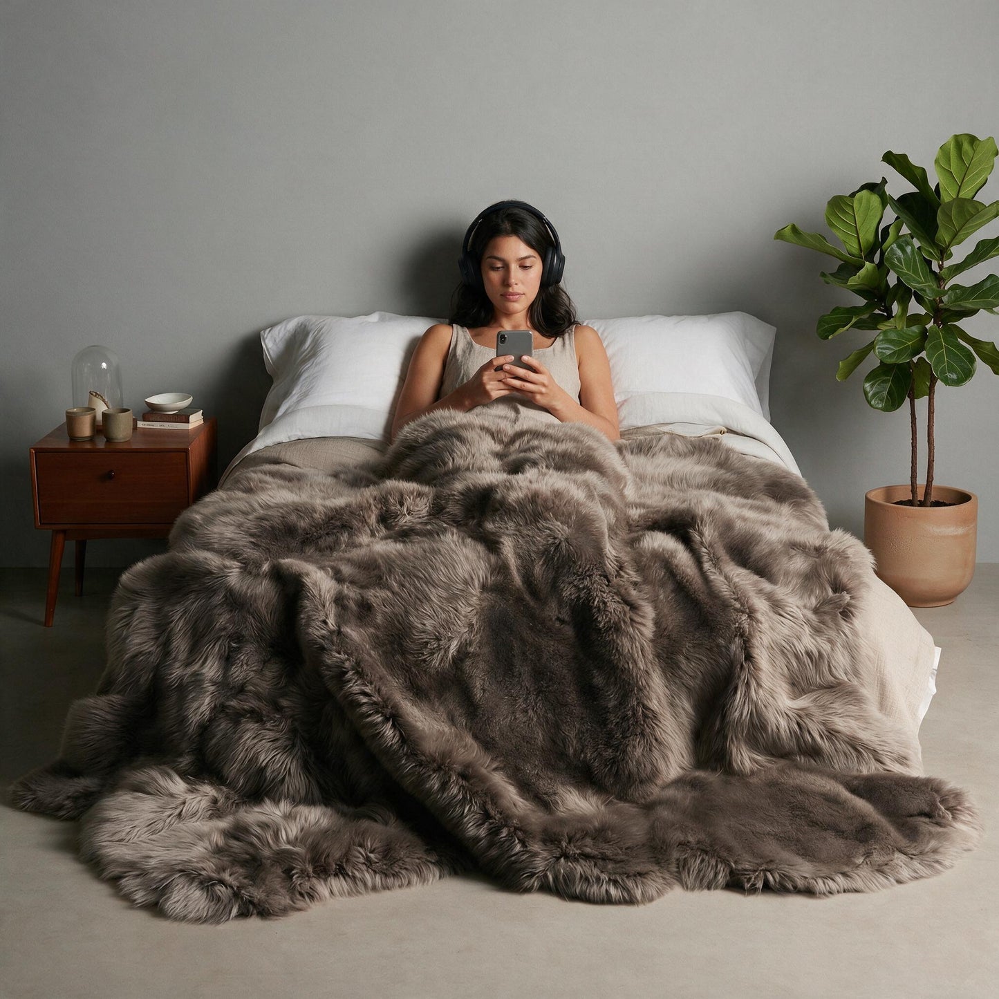 Vole Octo New Zealand sheepskin rug throw styled on a bed, model relaxing with headphones and phone