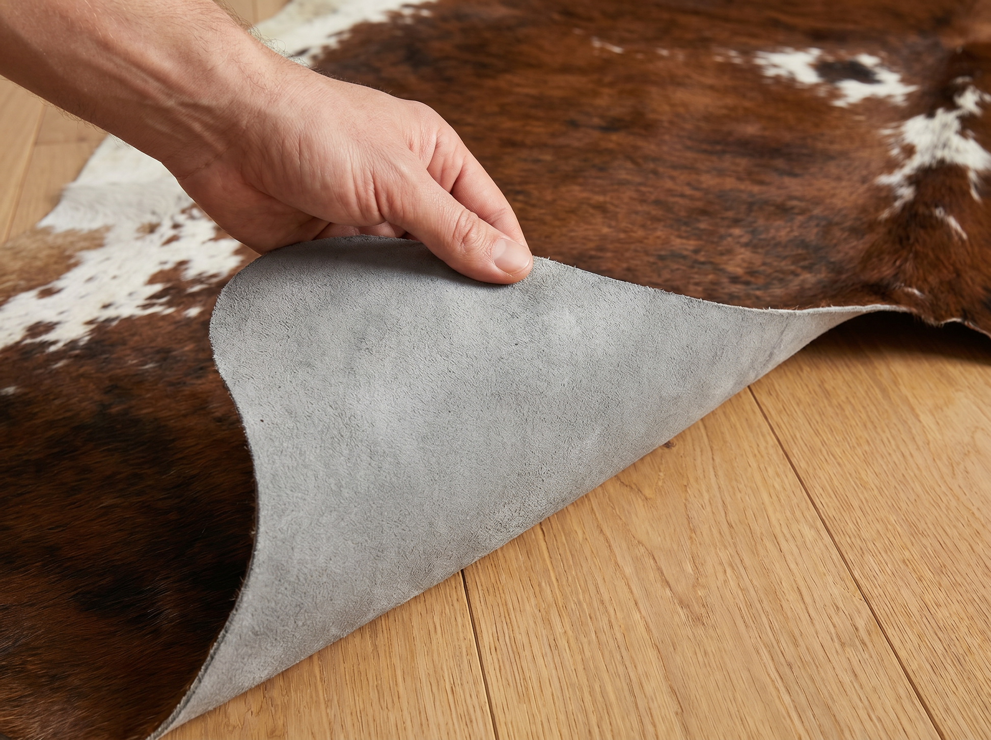 Natural grey suede back of cowhide rug shown by hand on light wooden floor