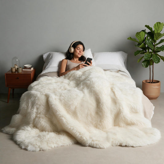 Ivory Octo New Zealand sheepskin rug throw styled on a bed, model relaxing with headphones