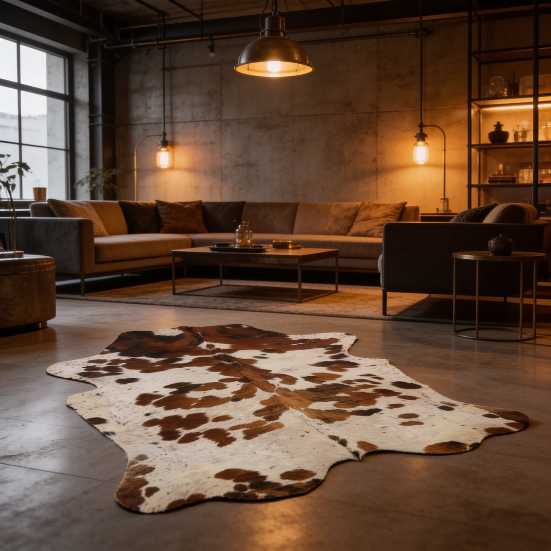 HN-23317 cowhide rug in industrial living room