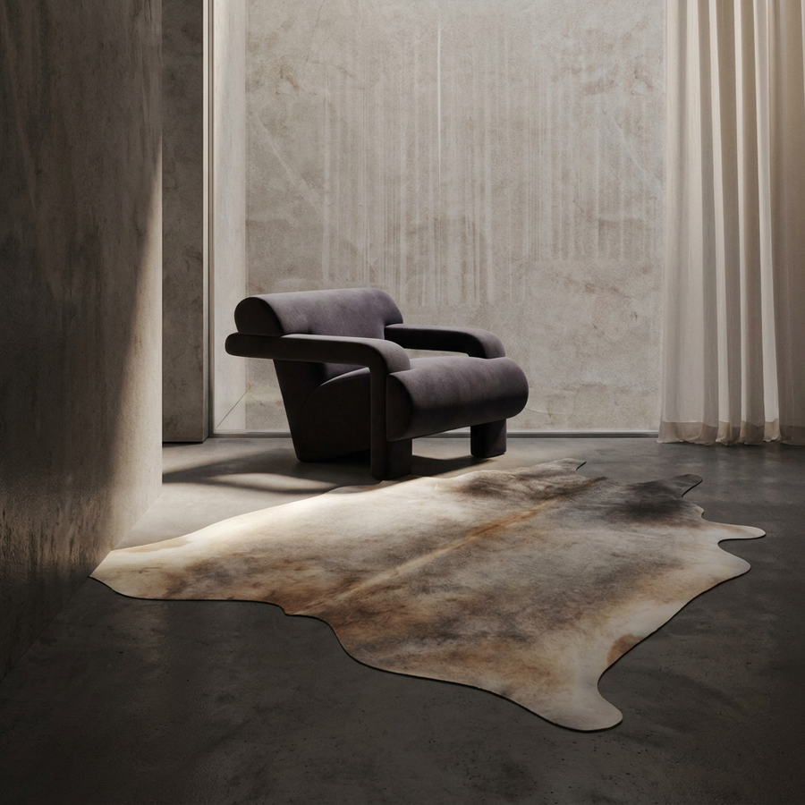 Caramel and ivory exotic printed cowhide rug styled on the floor of an editorial interior