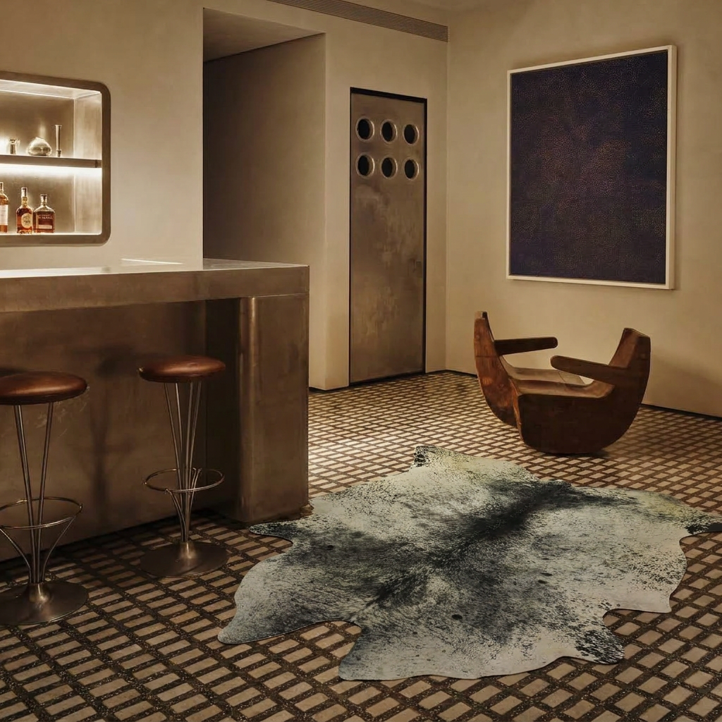 Black and white speckled cowhide rug styled on the mosaic floor of an industrial plaster bar lounge